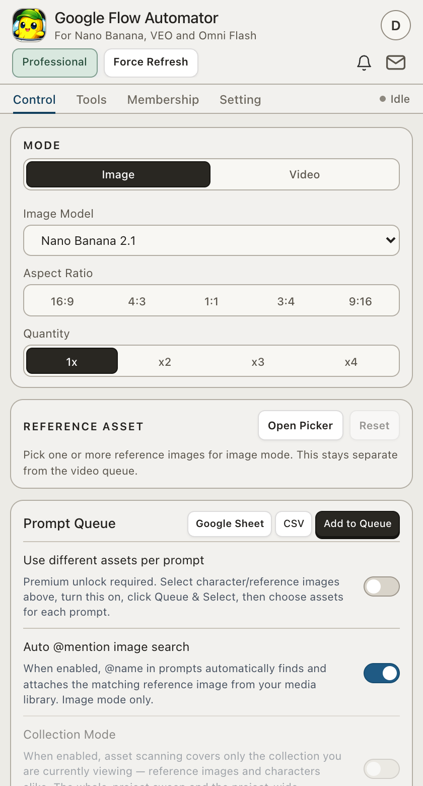 Google Flow Automator 3.1 — Control tab in Image mode: model, aspect ratio, reference assets and the prompt queue
