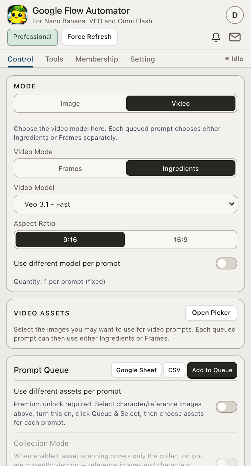 Google Flow Automator 3.1 — Control tab in Video mode: Frames or Ingredients, Veo model and per-prompt models