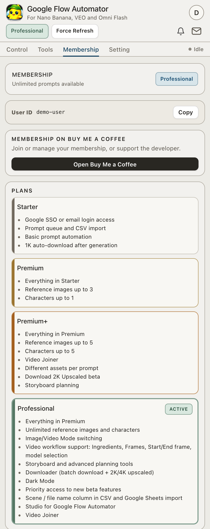 Google Flow Automator 3.1 — Membership tab with plan comparison