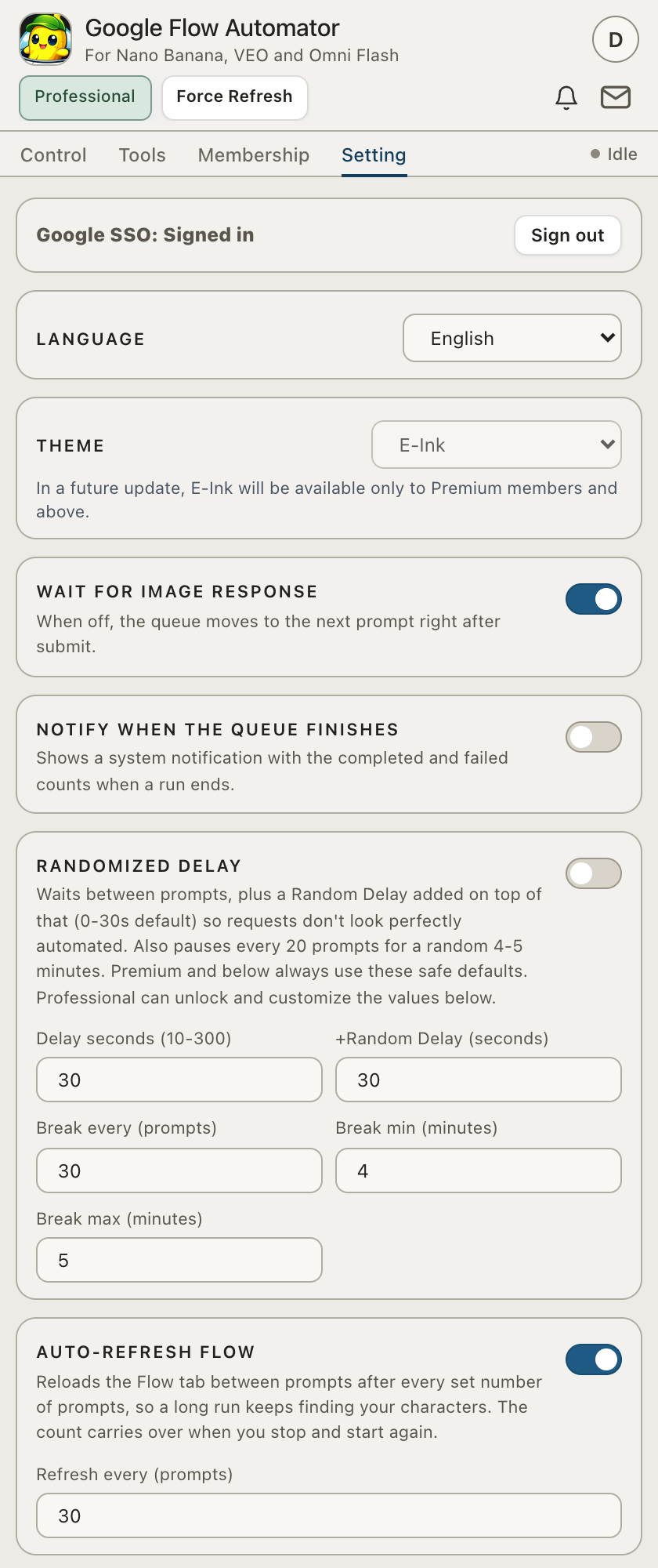Google Flow Automator 3.1 — Settings: randomized delay, auto-refresh Flow and queue notifications