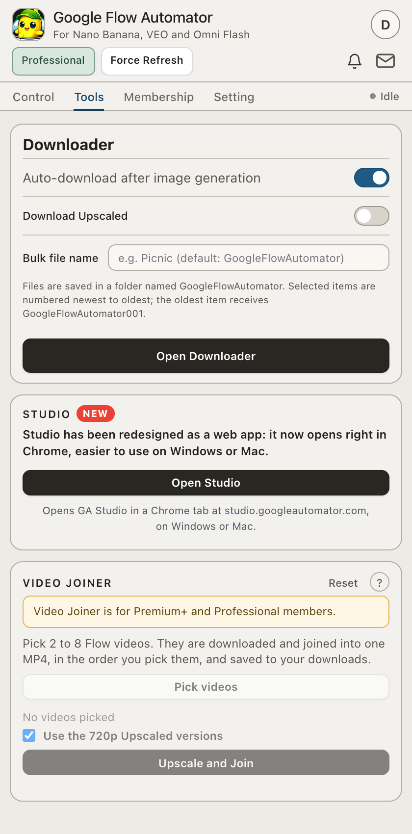 Google Flow Automator 3.1 — Tools tab: Downloader, Studio and Video Joiner