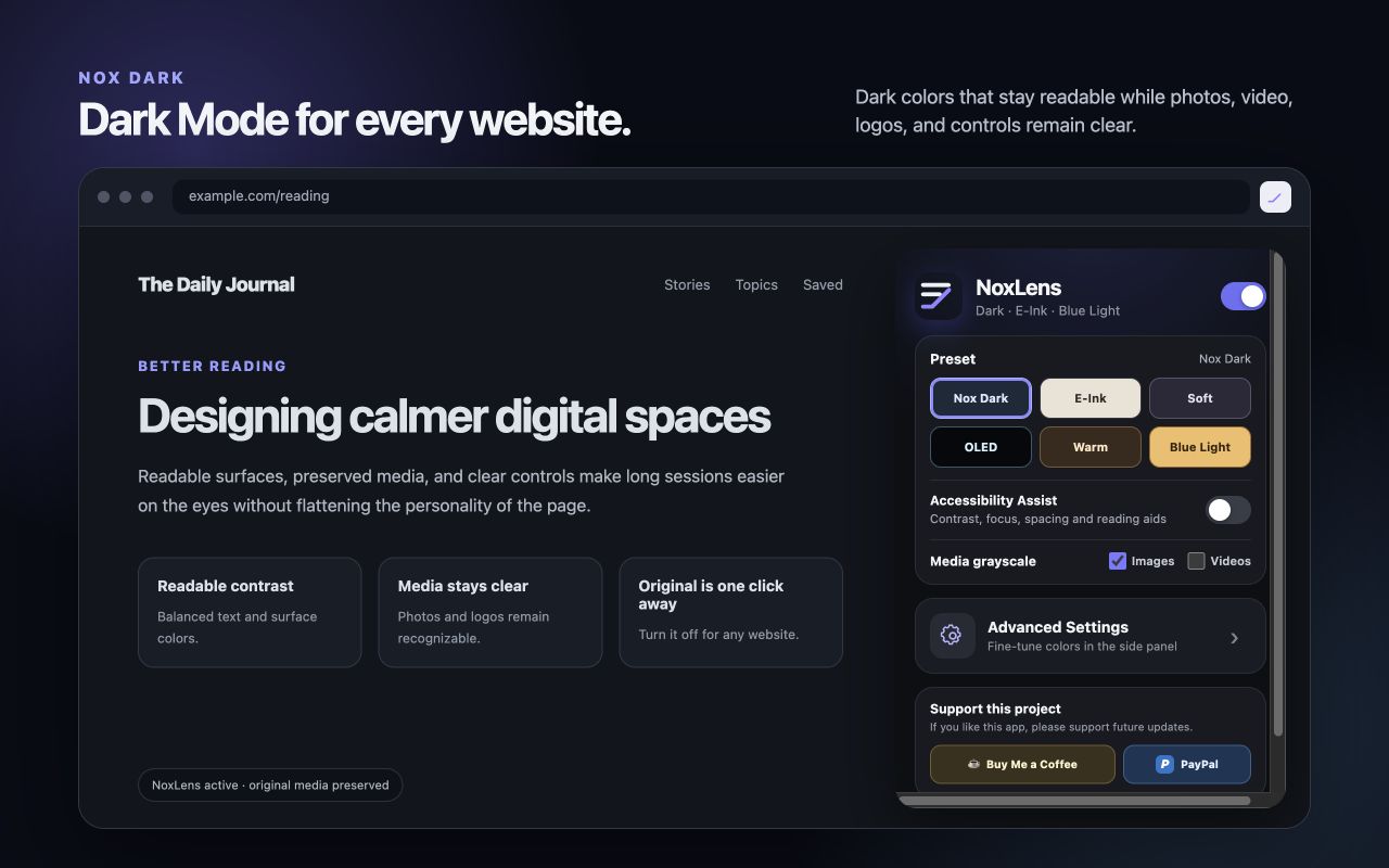 NoxLens popup showing Nox Dark selected