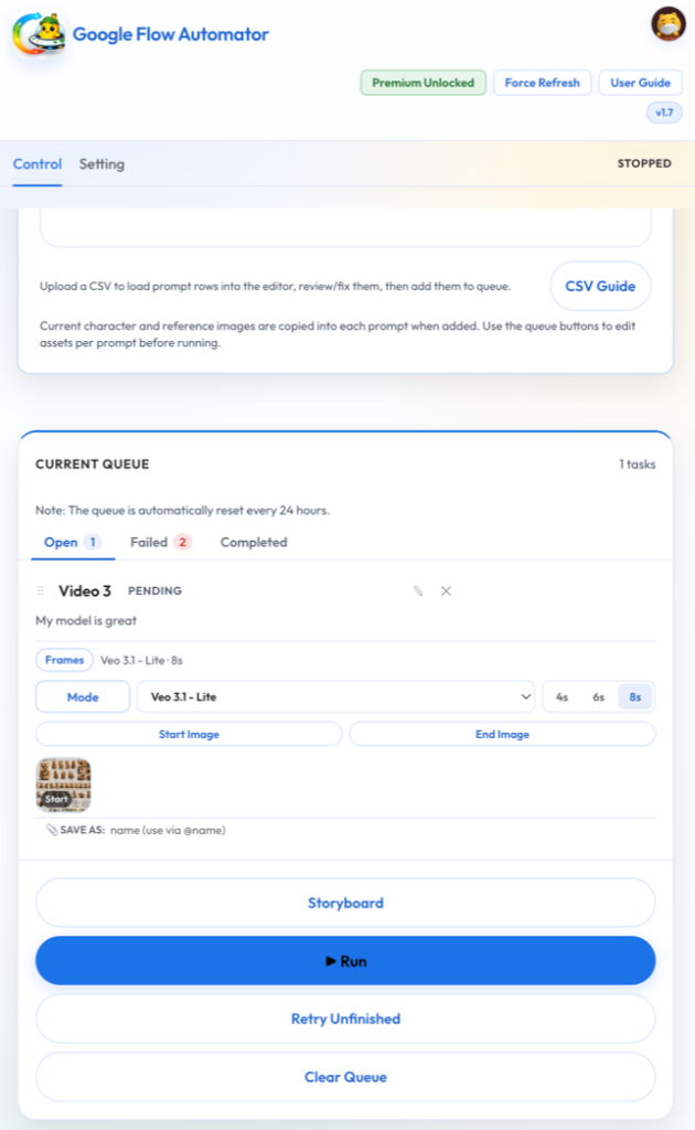 Google Flow Automator video queue with model, duration, and frame settings