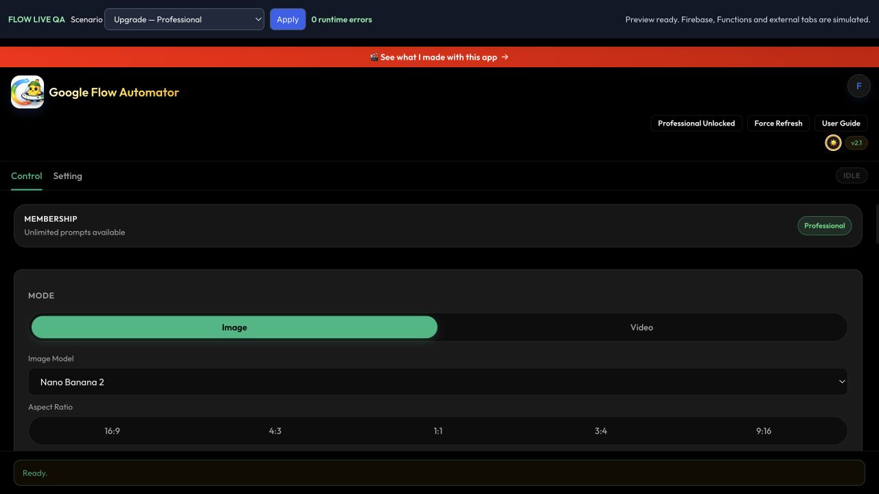 Google Flow Automator running in dark mode