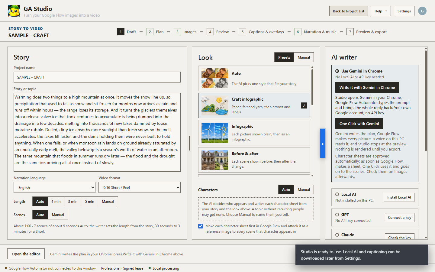 The Draft step: describe your story, pick a look, and let Gemini in Chrome write the plan